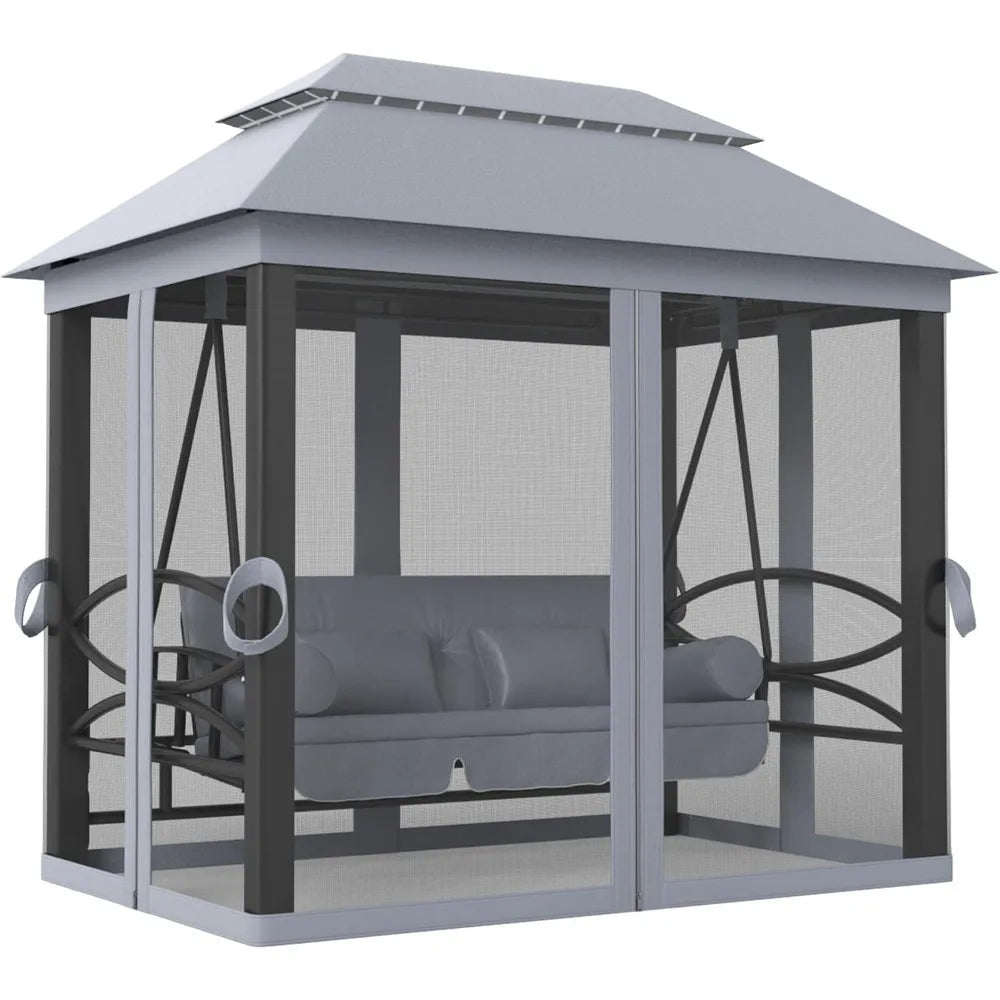 3-Seat Patio Swing Chair, Outdoor Gazebo Swing with Double Tier Canopy, Mesh Sidewalls, Cushioned Seat and Pillows, Gray