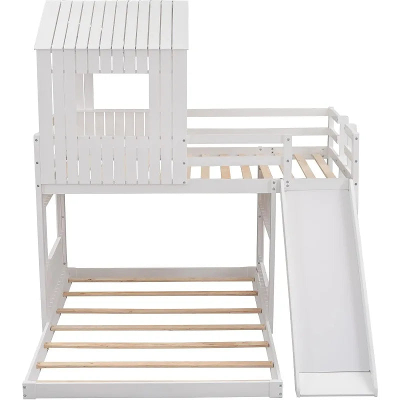 Merax Twin Over Full Bunk Bed Frames Loft Bed with Slide, House Roof, Window and Safety Guardrails for Boys or Girls, White