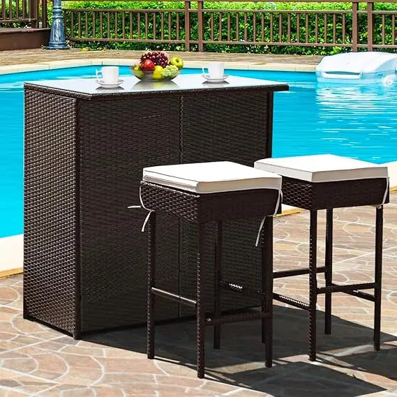 3 Piece Patio Bar Set, Outdoor Rattan Bar Table and 2 Stools with Tempered Glass Tabletop, 2-Tier Storage, Removable Cushions,