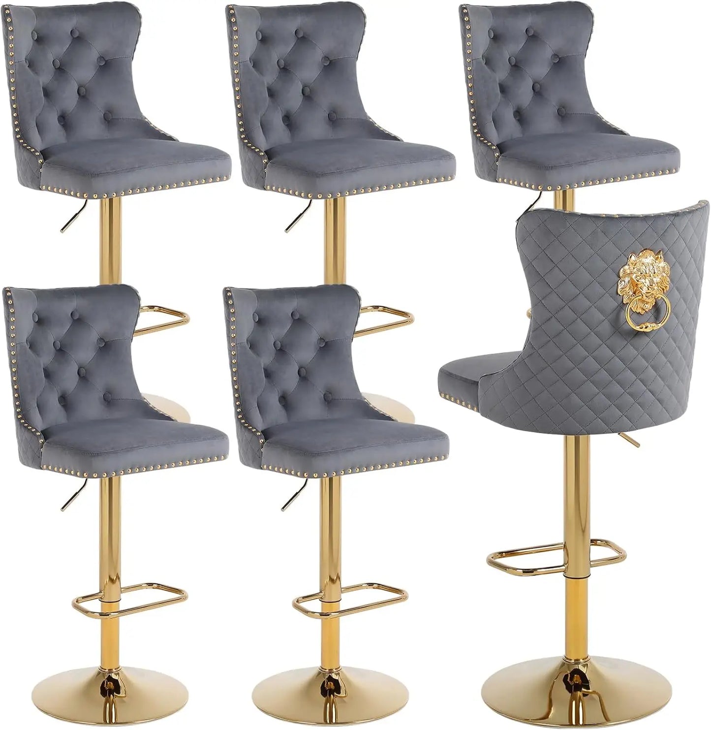 Gold Bar Stools Set of 6,  Velvet Tufted Barstools Upholstered Bar Height Chairs for Kitchen Island, Dining Room, Cafe, Cream