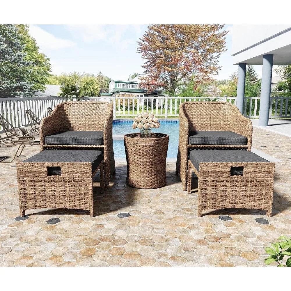Outdoor Patio Wicker 5-Piece Furniture Set, No Assembly Required All-Weather Rattan Conversation Bistro & Storage Table for Gard