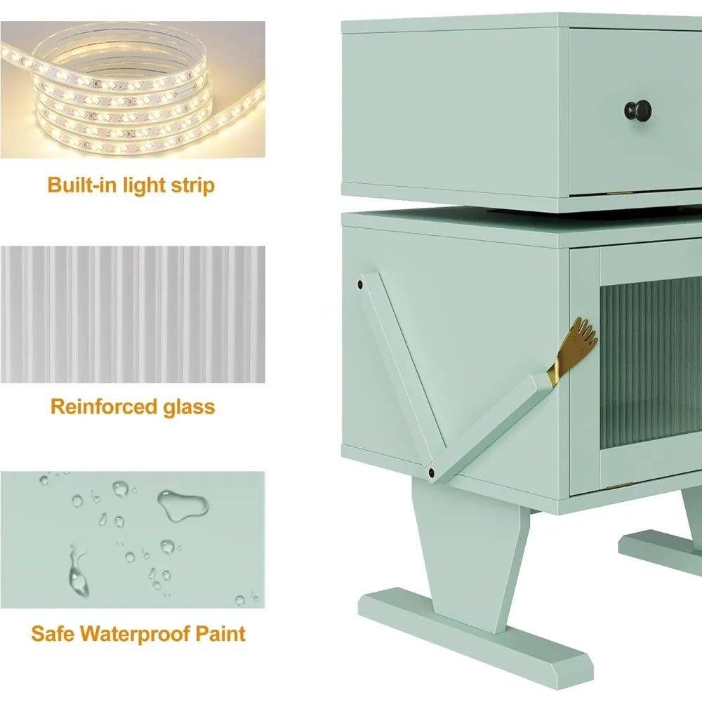 luxury royalcraft nightstand with led lighting, green rotating drawer end table, contemporary storage side table in wood