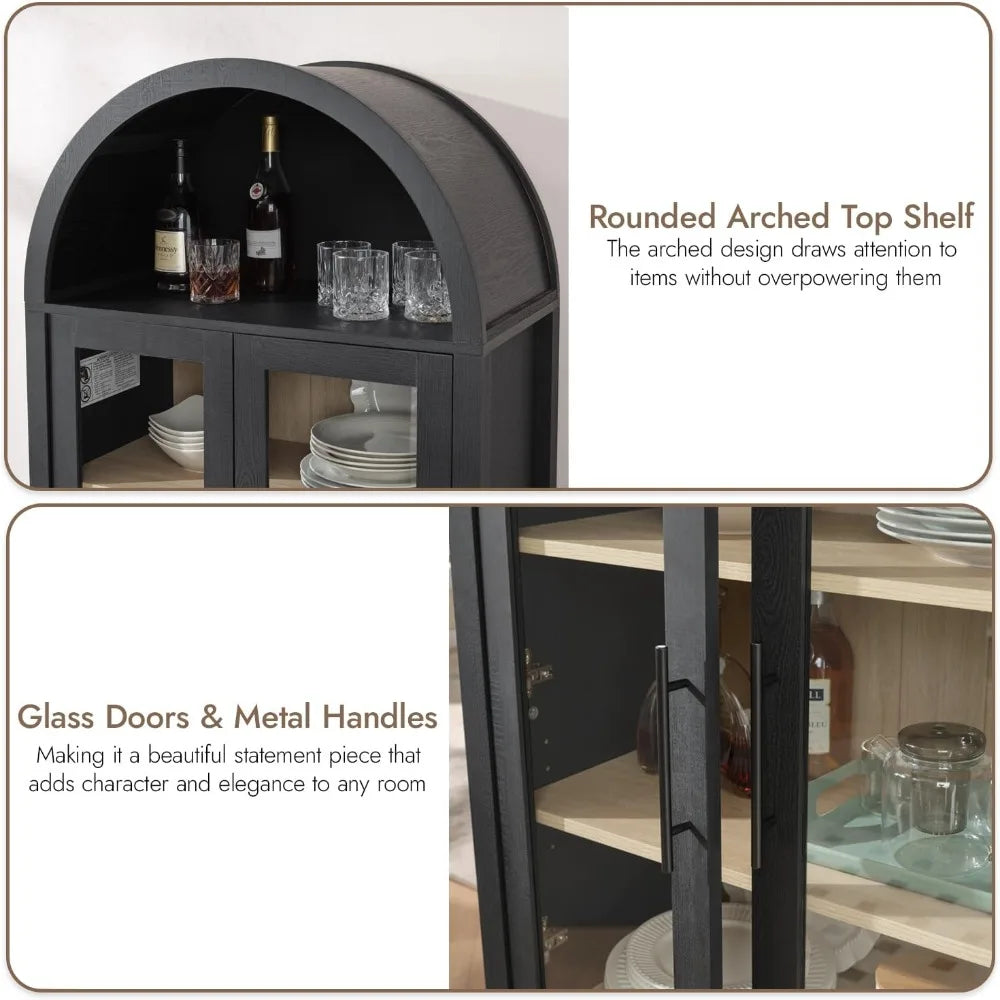 71" Arched Bookcase (5-Tier) - Farmhouse Style w/ Glass Doors, for Living Room/Office/Kitchen