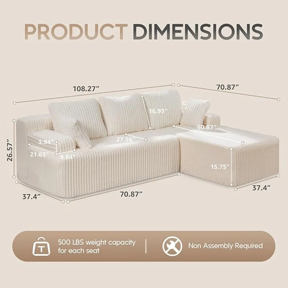 Modular Sectional Sofa Couches 108" L-Shape Couch 3 Seat Modular Sofa Memory Foam Sectional Couches for Living Room