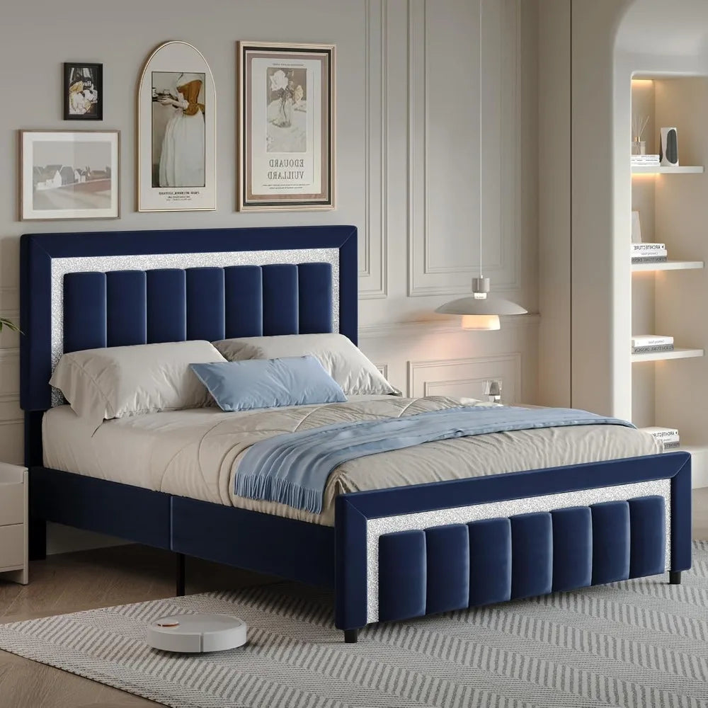 Queen Bed Frame with Headboard and Footboard and Footboard, Velvet Upholstered Platform Bed Frame with Diamond Design, No Box Sp