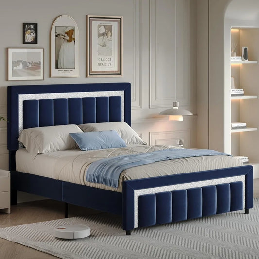 Queen Bed Frame with Headboard and Footboard and Footboard, Velvet Upholstered Platform Bed Frame with Diamond Design, No Box Sp