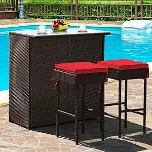 3 Piece Patio Bar Set, Outdoor Rattan Bar Table and 2 Stools with Tempered Glass Tabletop, 2-Tier Storage, Removable Cushions,