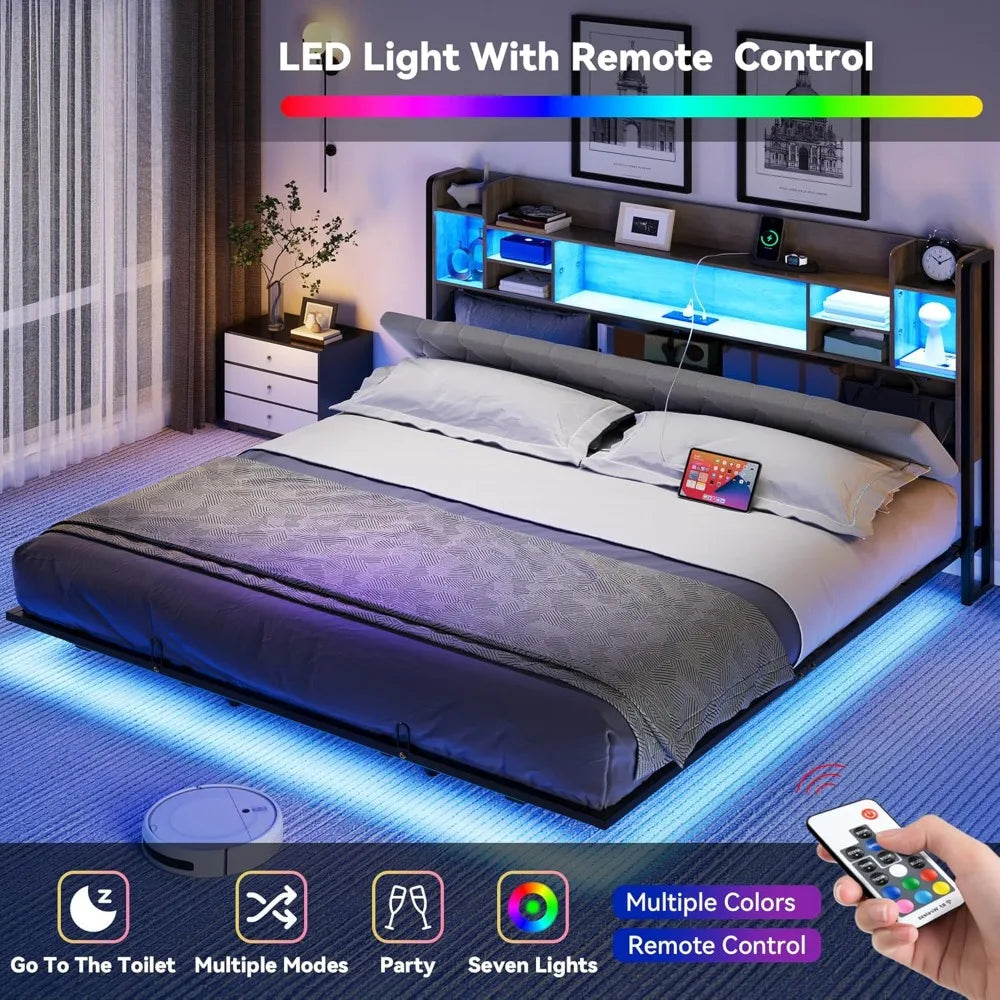 LED King Size Floating Bed Frame with Headboard Storage and Charging Station, Upholstered Platform, No Box Spring Needed