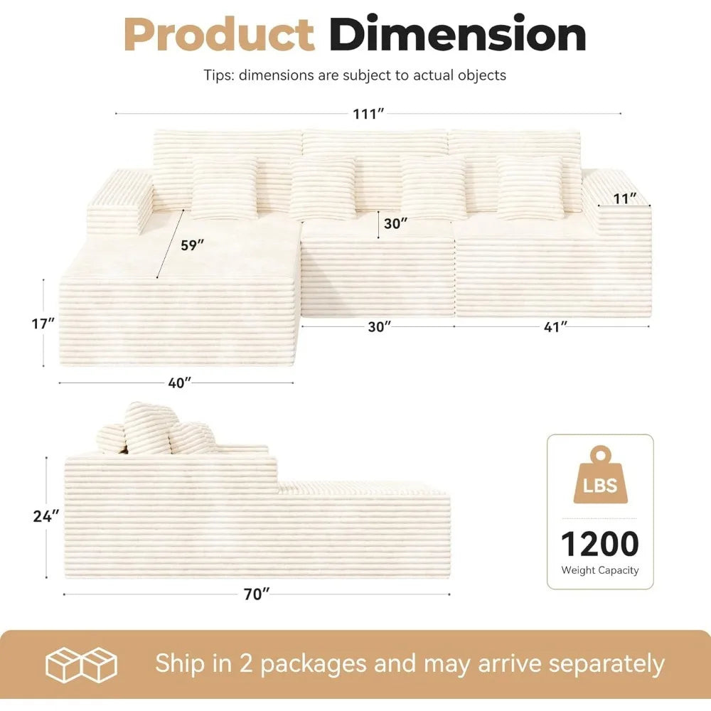 110” cloud sectional couch, boneless sofa for living room, modular sectional sofa with deep seat, comfy fluffy couch with l-shap