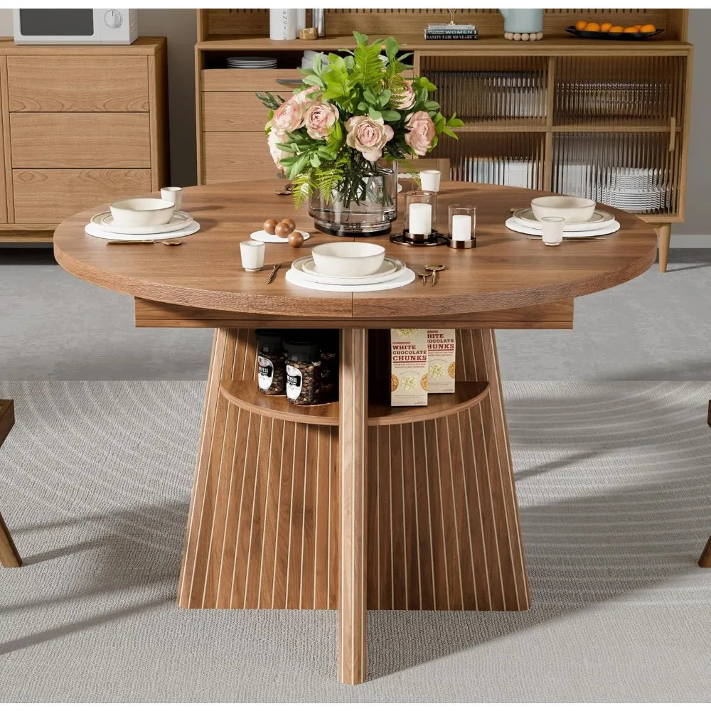 expandable round dining table for 4-8, modern oval kitchen table with fluted base