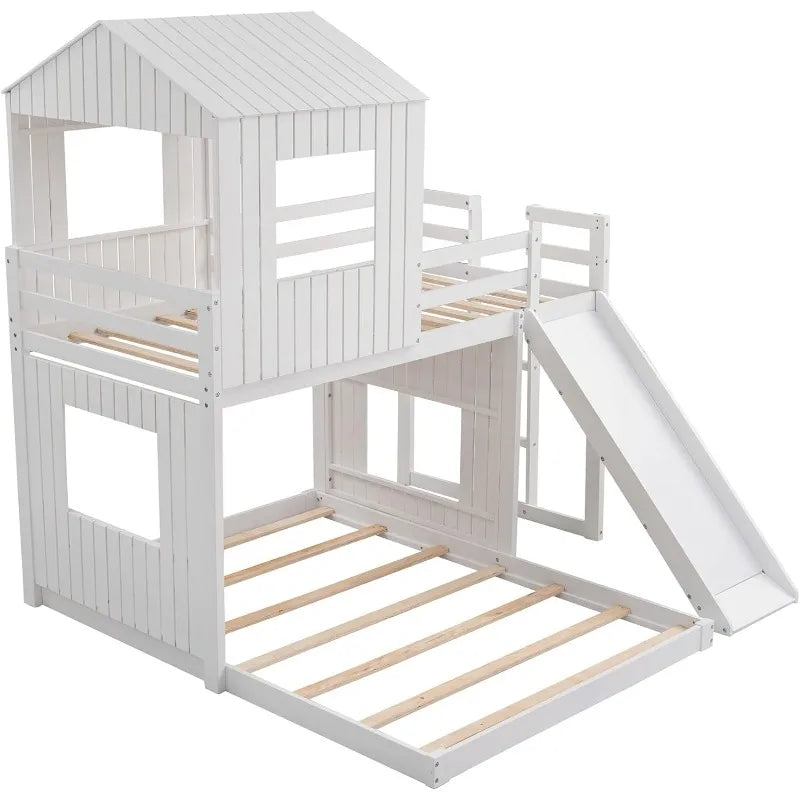 Merax Twin Over Full Bunk Bed Frames Loft Bed with Slide, House Roof, Window and Safety Guardrails for Boys or Girls, White