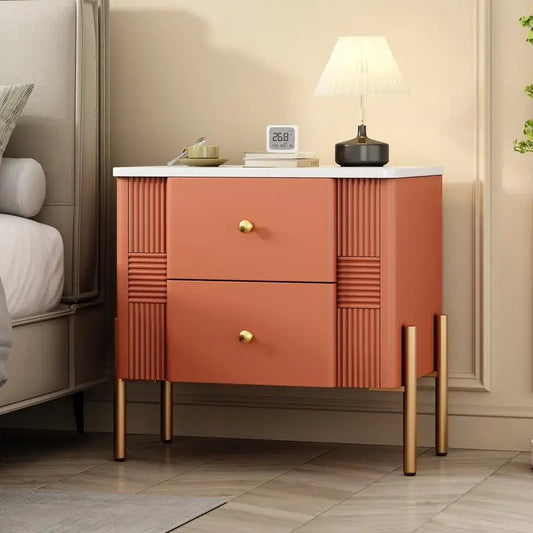 Modern Nightstand with 2 Storage Drawers, Fluted Side Table with Gold Handles and Legs, End Table for Living Room and Bedroom,