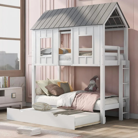 Designs House Bunk Bed for Kids, Twin Over Twin Bunk Bed with Trundle, Kids Playhouse Bunk Beds for Girls & Boys No Box Spring