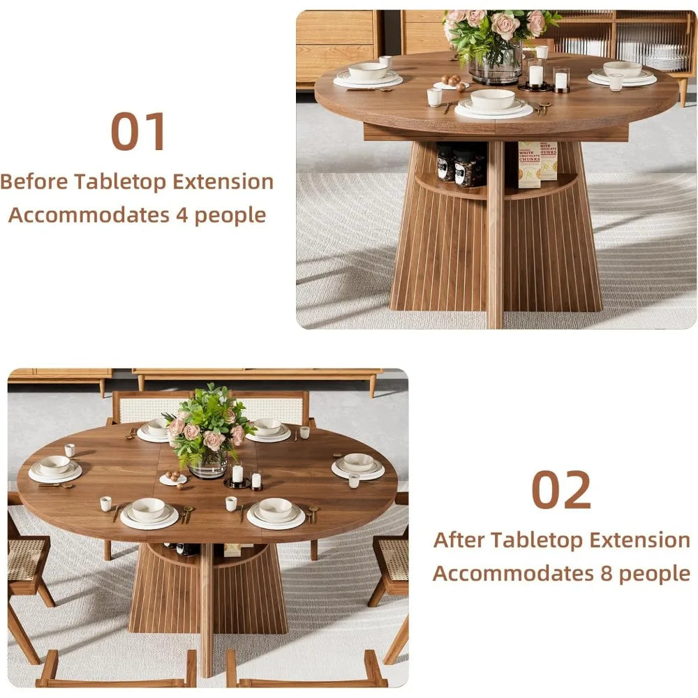expandable round dining table for 4-8, modern oval kitchen table with fluted base