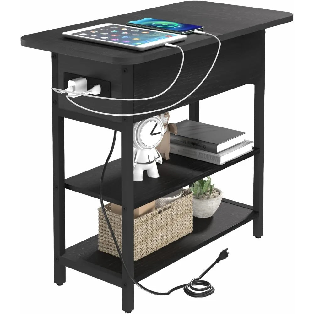 End Table w/Charging Station, Flip Top Side Table with USB Ports and Outlets, Narrow Nightstand with Storage Shelves,nightstands