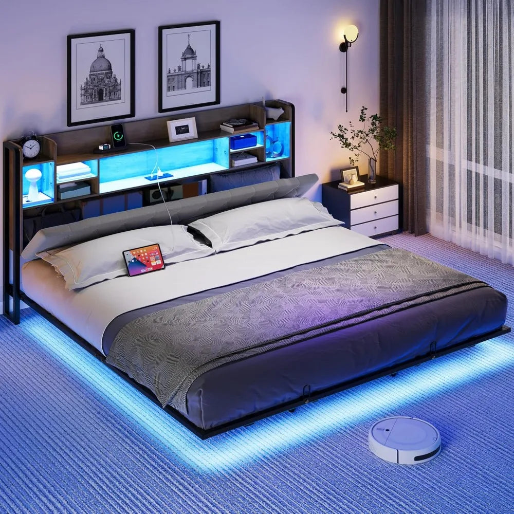 LED King Size Floating Bed Frame with Headboard Storage and Charging Station, Upholstered Platform, No Box Spring Needed