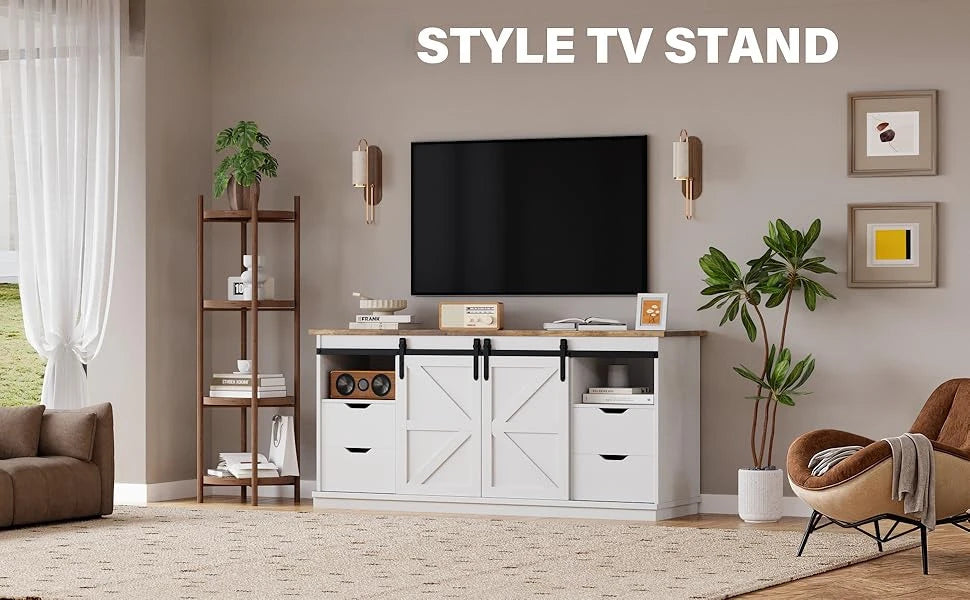 TV Stand for Televisions up to 65 Inchs, with Sliding Barn Doors and 4 Storage Drawers, Console Table and Media Furniture