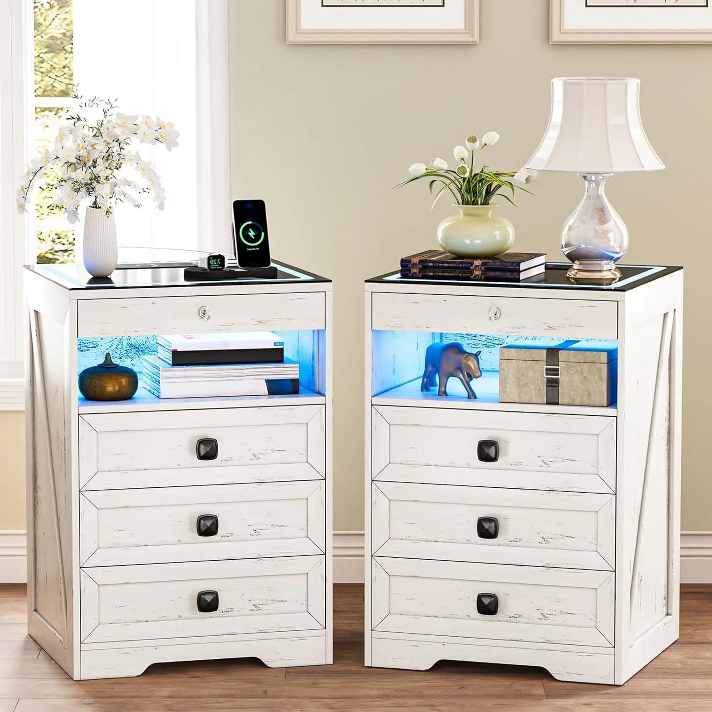 Smart Nightstand with Lockable Gun Drawer,Farmhouse Bedside Table with Charging Station and 3 LED Lights, Modern Night Stand