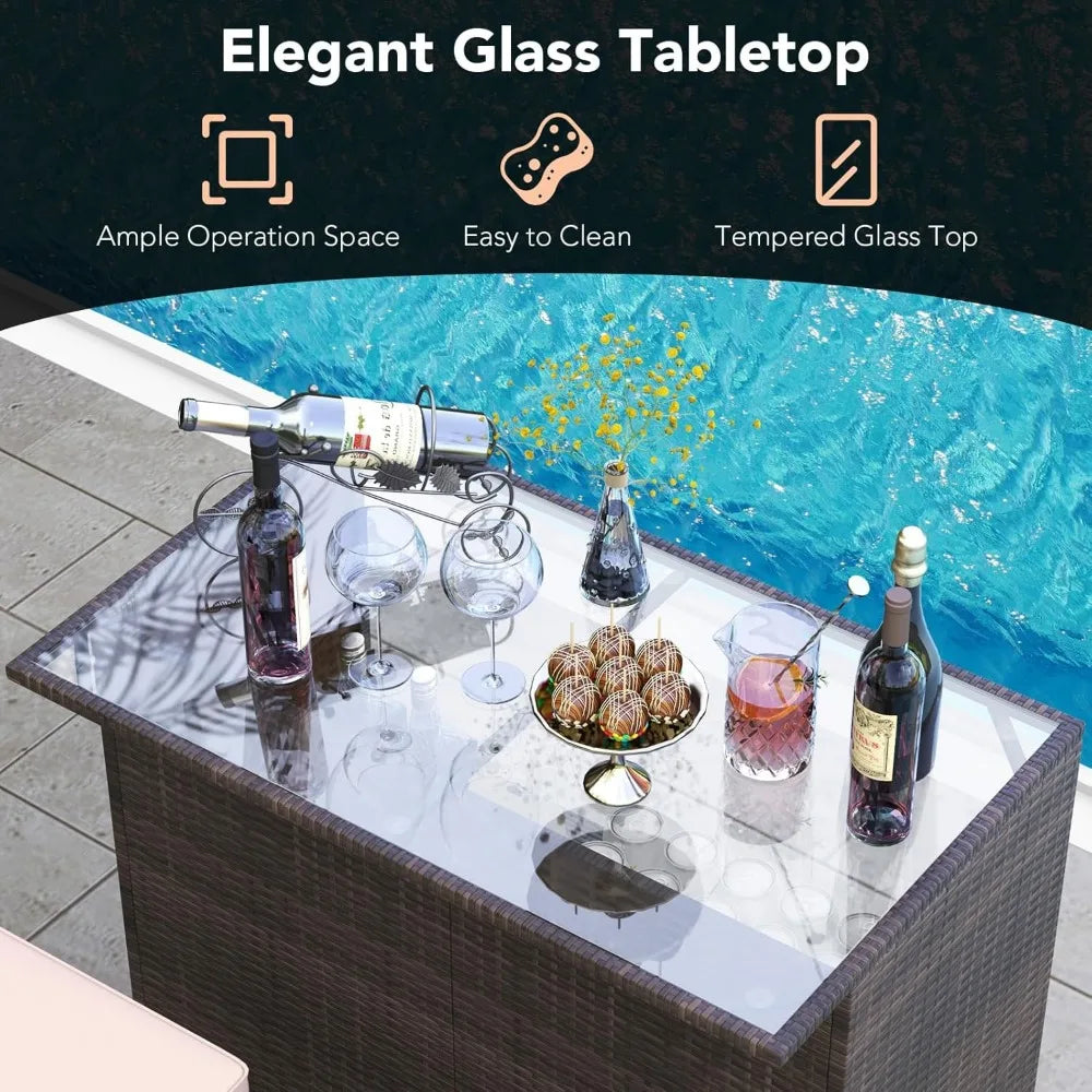 3 Piece Patio Bar Set, Outdoor Rattan Bar Table and 2 Stools with Tempered Glass Tabletop, 2-Tier Storage, Removable Cushions,