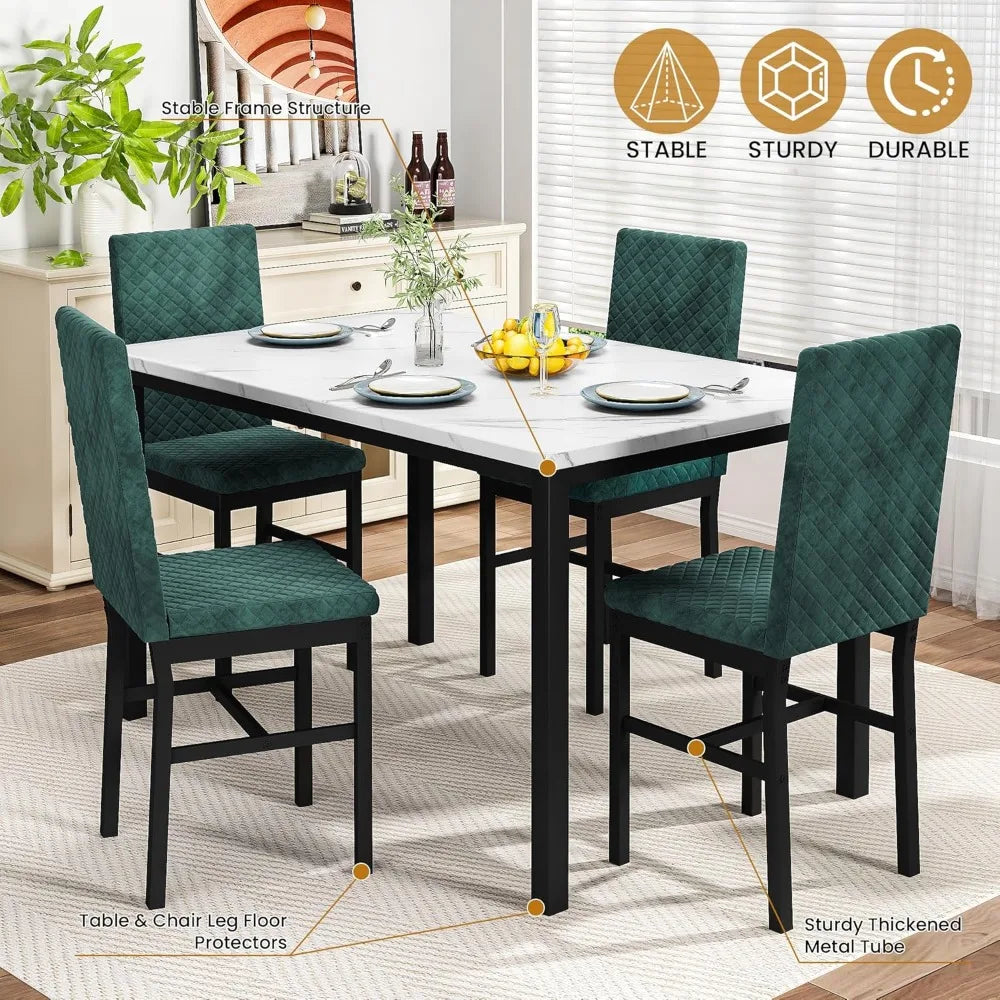 Dining Table and Chairs Set of 4, Faux Marble Dinner Table with 4 Upholstered Velvet Chairs, Kitchen Dining Room (White & Green