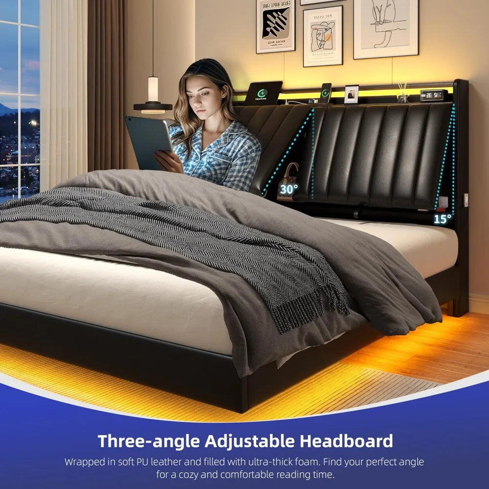 Full Size Floating Bed Frame with Ergonomic Hidden Storage Headboard and LED Lights, Visual Floating LED Bed Frame with Charing