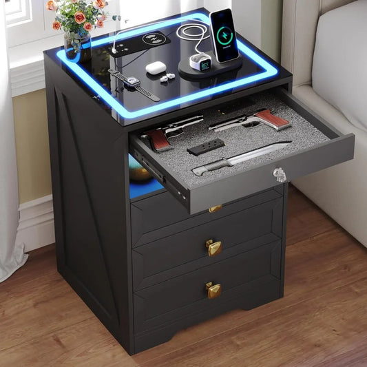 Smart Nightstand with Lockable Gun Drawer,Farmhouse Bedside Table with Charging Station and 3 LED Lights, Modern Night Stand