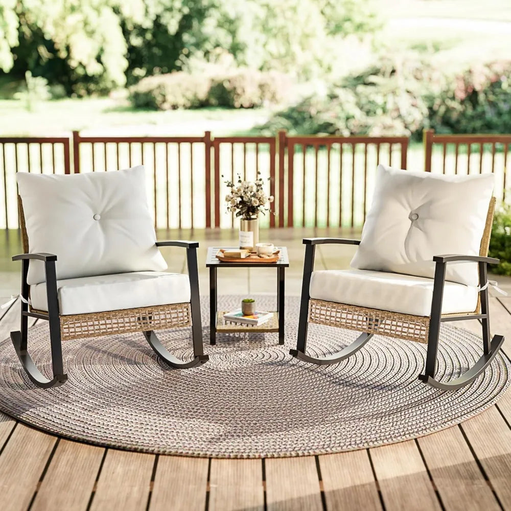 3 Piece Patio Furniture Set, Outdoor Rocking Chairs Set of 2 with Coffee Table, Patio Bistro Set Patio Rocking Chair Ove