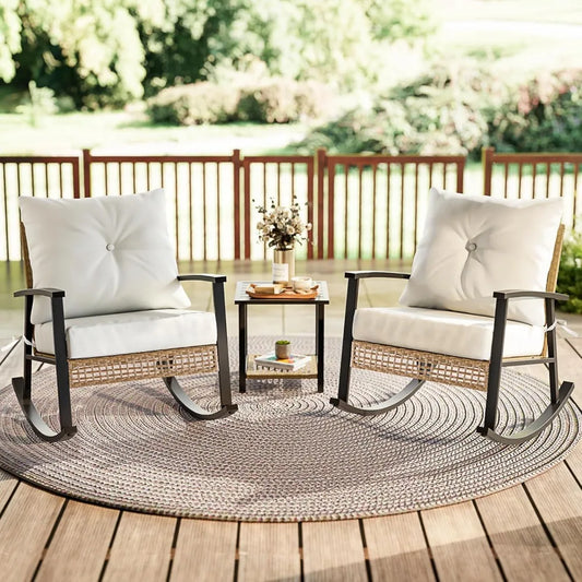 3 Piece Patio Furniture Set, Outdoor Rocking Chairs Set of 2 with Coffee Table, Patio Bistro Set Patio Rocking Chair Ove