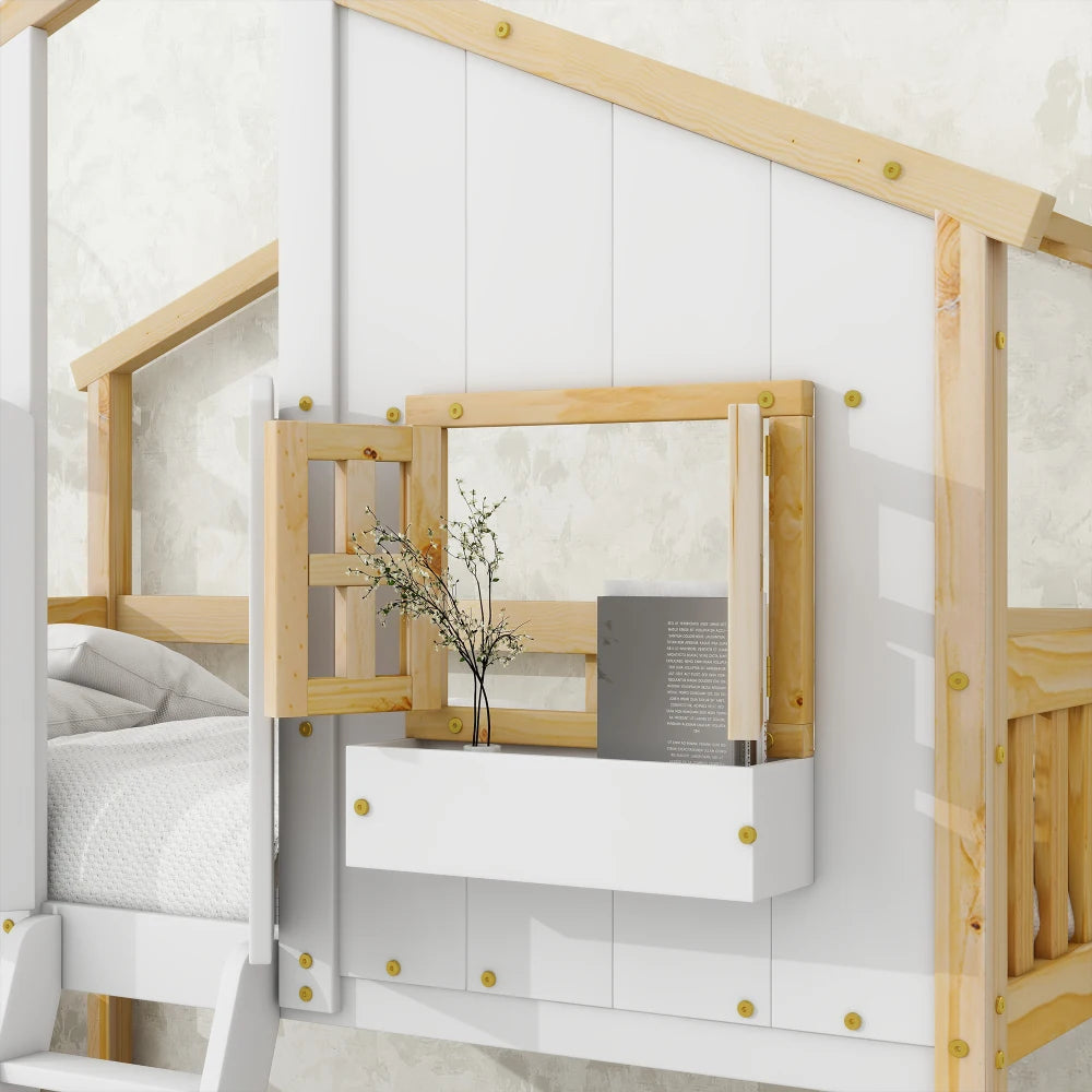 Twin over Twin House Bunk Bed with Roof , Window, Window  Box, Door , with Safety Guardrails and Ladder, Natural/White