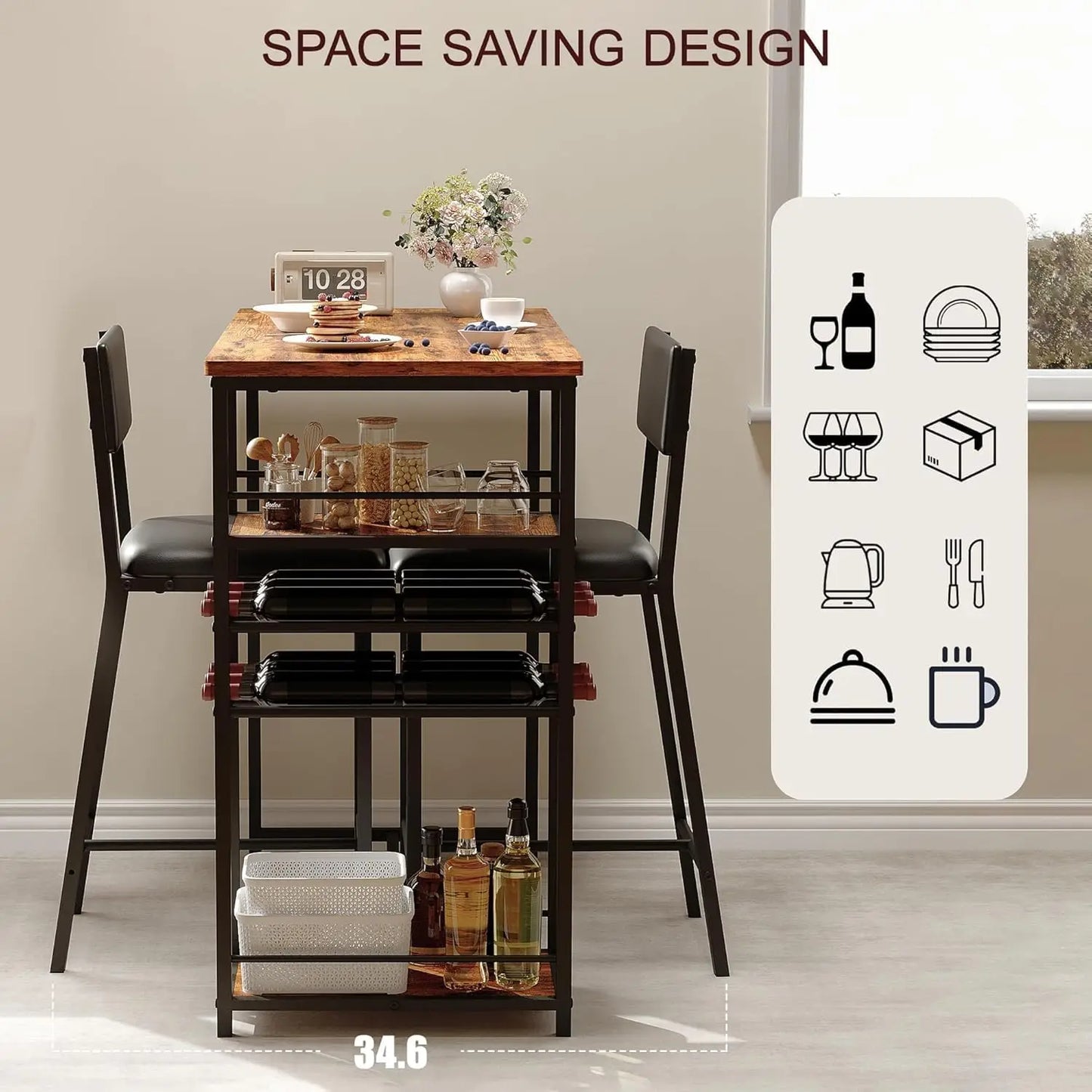 2-Person Counter Height Dining Set: Bistro Table Upholstered Chairs & Storage Shelf, Apartment Size Kitchen Table for Small