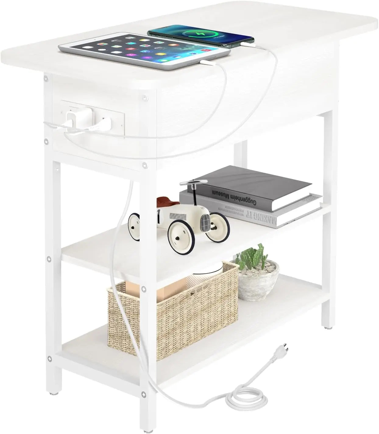 End Table w/Charging Station, Flip Top Side Table with USB Ports and Outlets, Narrow Nightstand with Storage Shelves,nightstands