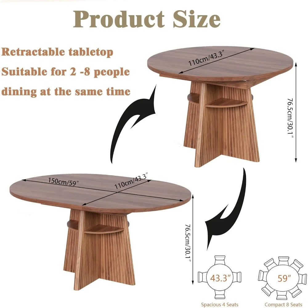 expandable round dining table for 4-8, modern oval kitchen table with fluted base
