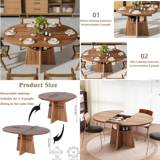 expandable round dining table for 4-8, modern oval kitchen table with fluted base