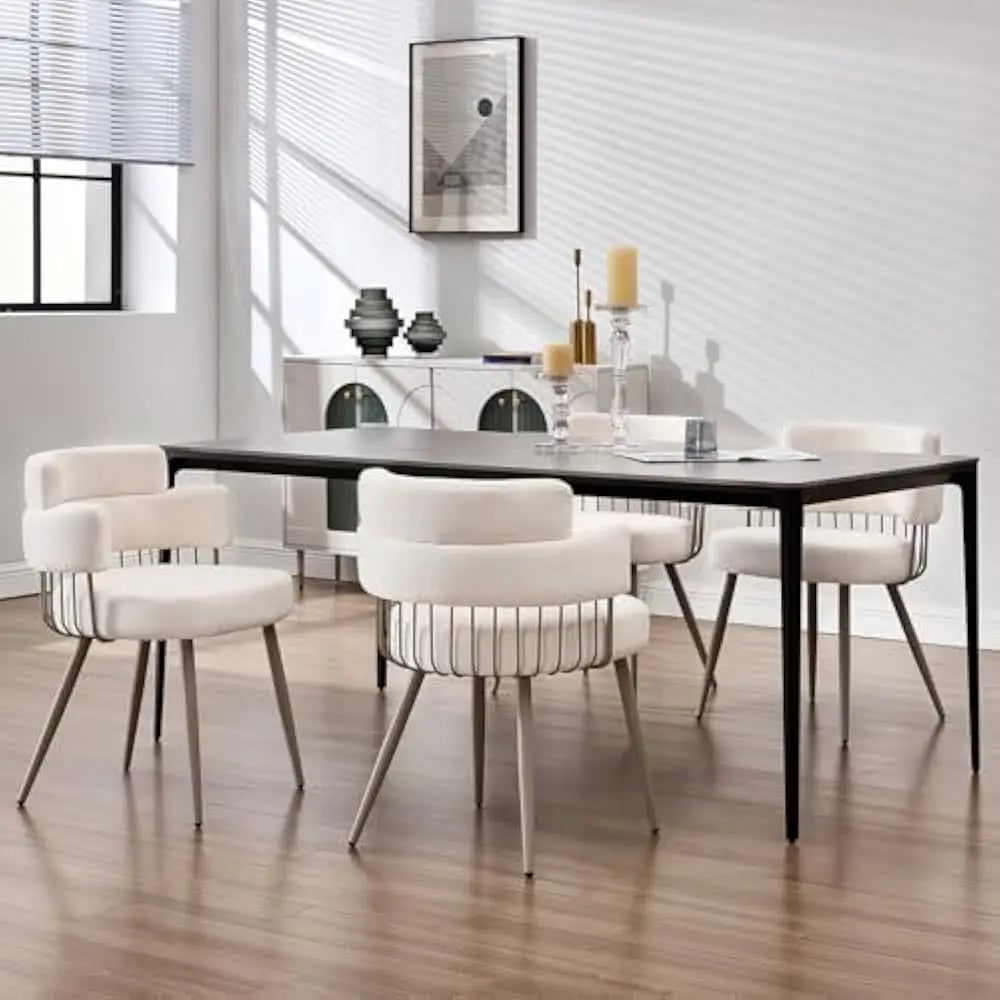 Dining Chairs Set of 4, Mid Century Upholstered Fabric Kitchen Chair w/Metal Legs, Comfy Curved Back Accent Arm Chair