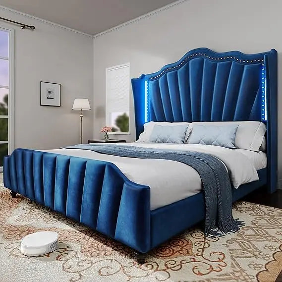 YITAHOME Queen Size Platform Bed Frame with 60" Tall Wingback Headboard and Footboard, Velvet Upholstered Bed with LED Light, So