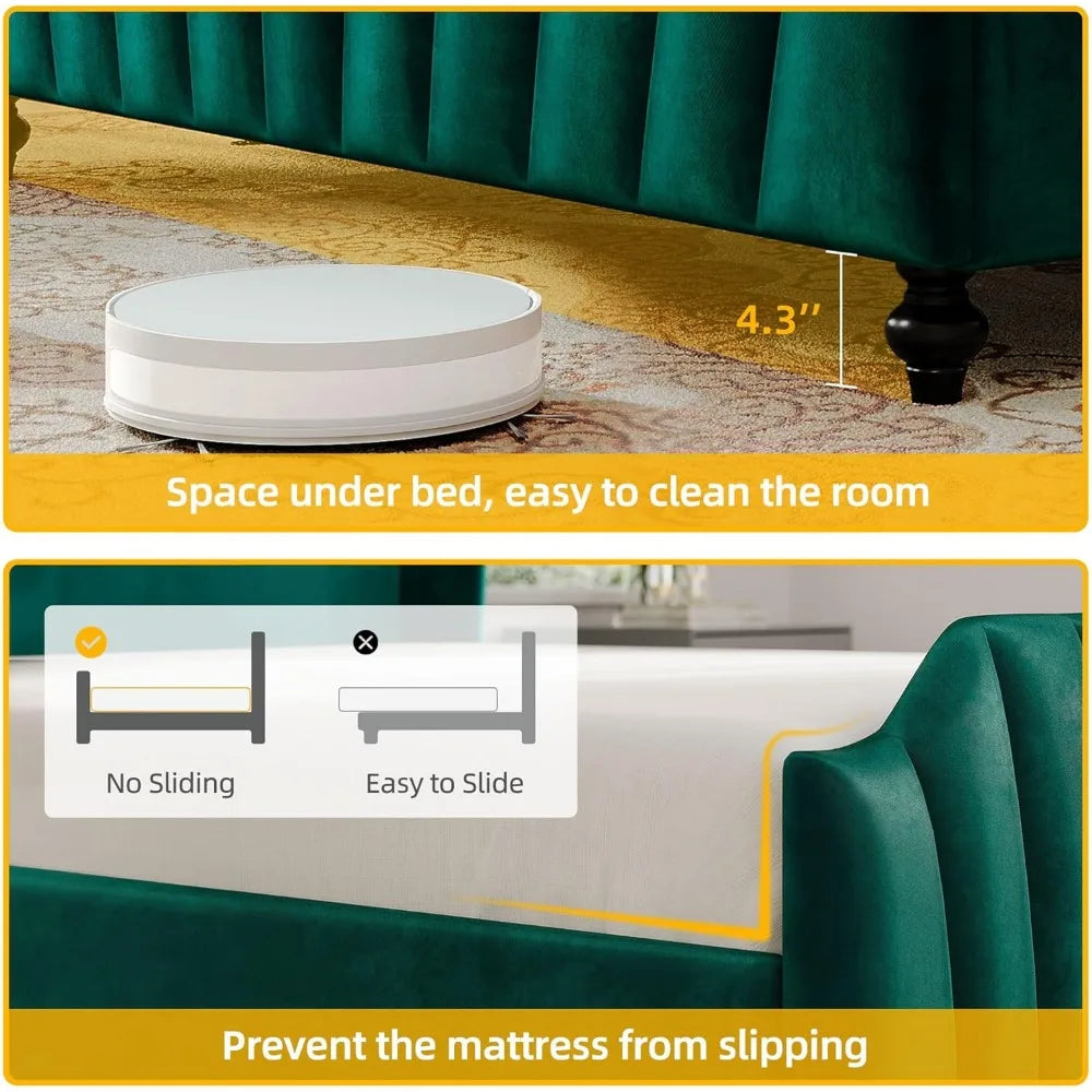 YITAHOME Queen Size Platform Bed Frame with 60" Tall Wingback Headboard and Footboard, Velvet Upholstered Bed with LED Light, So