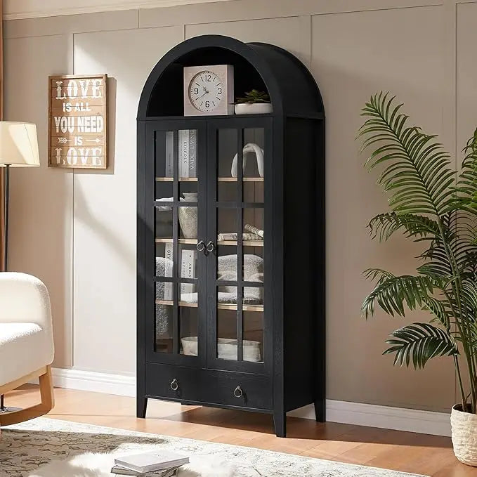 71" Arched Bookcase (5-Tier) - Farmhouse Style w/ Glass Doors, for Living Room/Office/Kitchen