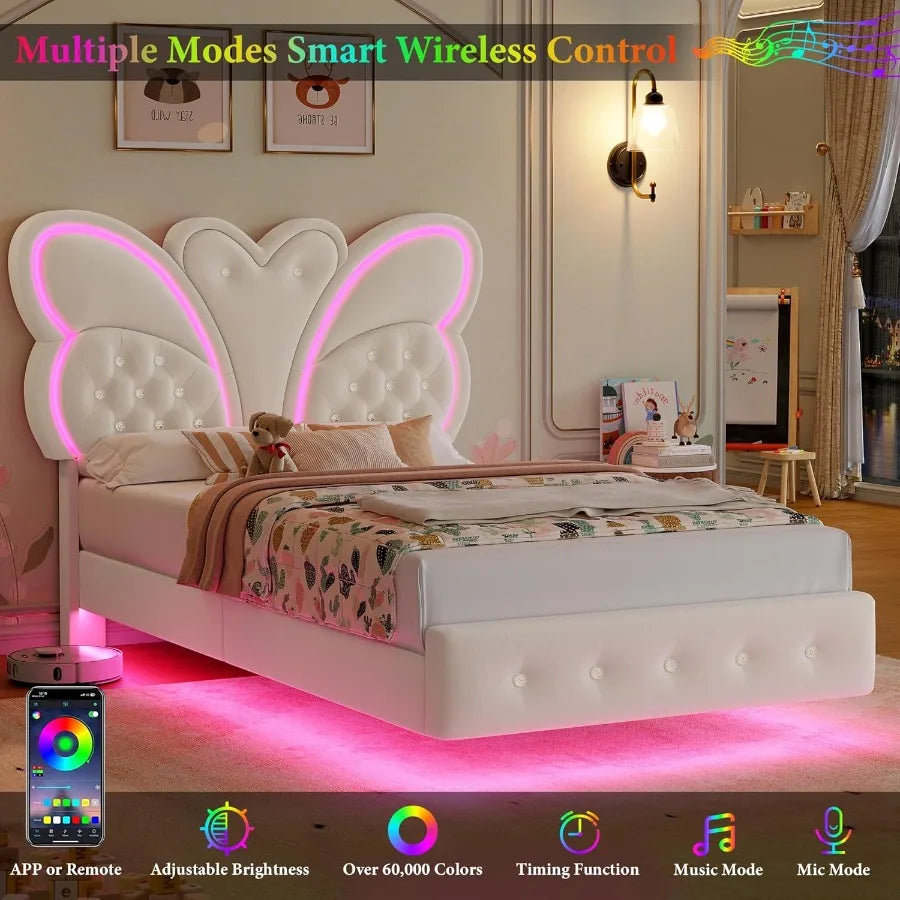 Twin Bed Frame ButterflyPattern Upholstered Headboard Modern Floating Bed with LED Lights Button Tufted on Headboard and Footbo
