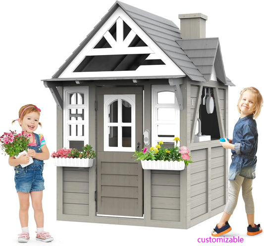 Outdoor Kids Playhouse, All Fir Gray Modern Wooden Playhouse, Indoor and Outdoor Cottage Play House with Sink, Stove