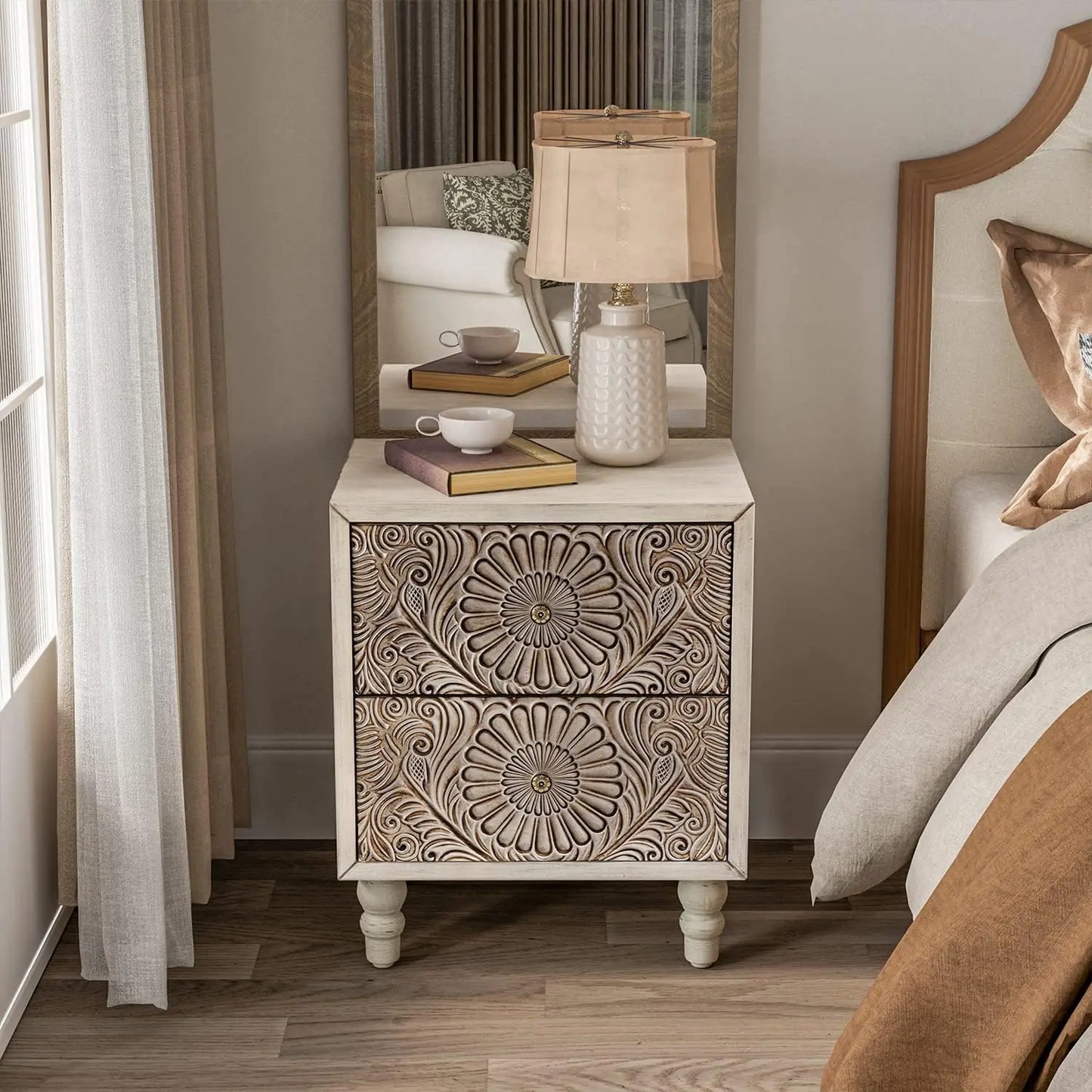 Nightstand, 14" D x 18" W x 21.5" H MDF End Table with 2 Drawers, Vintage Style Wood Bedside Table, Bedroom Accessories for Home