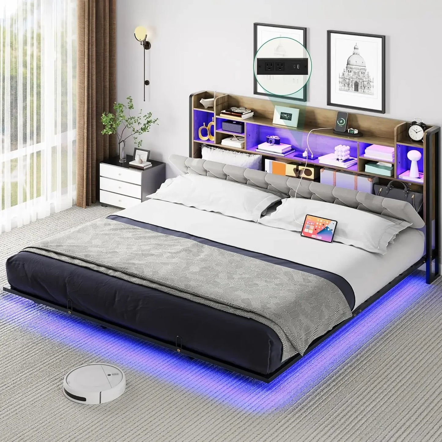 LED King Size Floating Bed Frame with Headboard Storage and Charging Station, Upholstered Platform, No Box Spring Needed