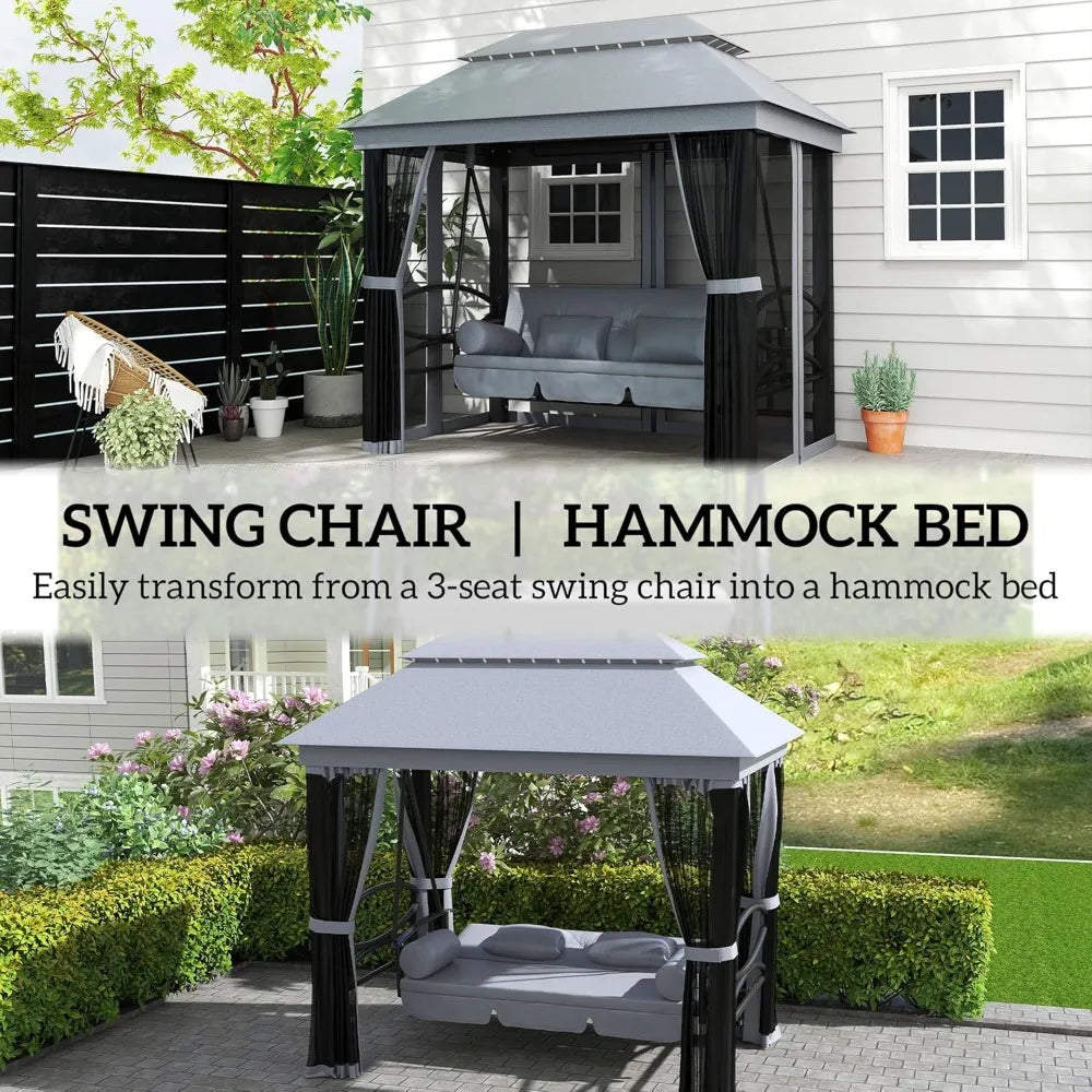 3-Seat Patio Swing Chair, Outdoor Gazebo Swing with Double Tier Canopy, Mesh Sidewalls, Cushioned Seat and Pillows, Gray