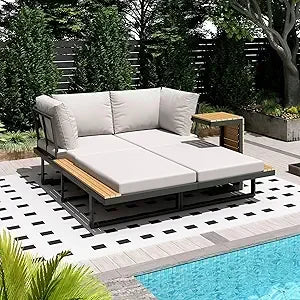 Metal Patio Furniture Set, Convertible Outdoor Daybed with Coffee Table, 3 Piece Modern Sectional Conversation Sofa Couch, Beig