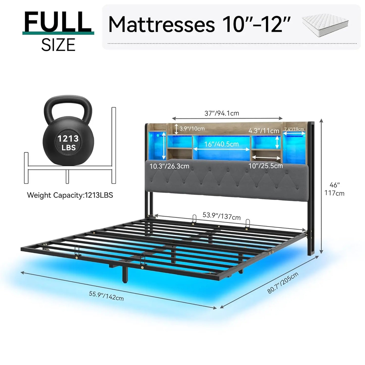 LED King Size Floating Bed Frame with Headboard Storage and Charging Station, Upholstered Platform, No Box Spring Needed