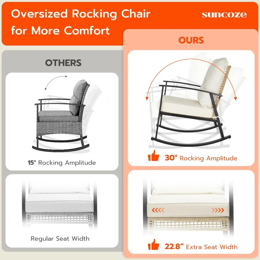 3 Piece Patio Furniture Set, Outdoor Rocking Chairs Set of 2 with Coffee Table, Patio Bistro Set Patio Rocking Chair Ove