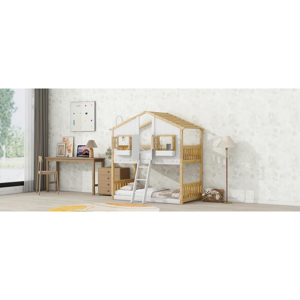 Twin over Twin House Bunk Bed with Roof , Window, Window  Box, Door , with Safety Guardrails and Ladder, Natural/White