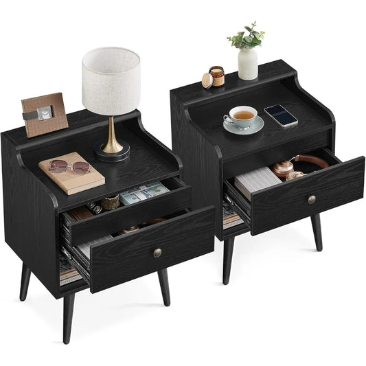 Nightstands, Set of 2, Bedside Tables with Hidden Drawers, Mid-Century End Side Tables with Solid Wood Legs, for Bedroom