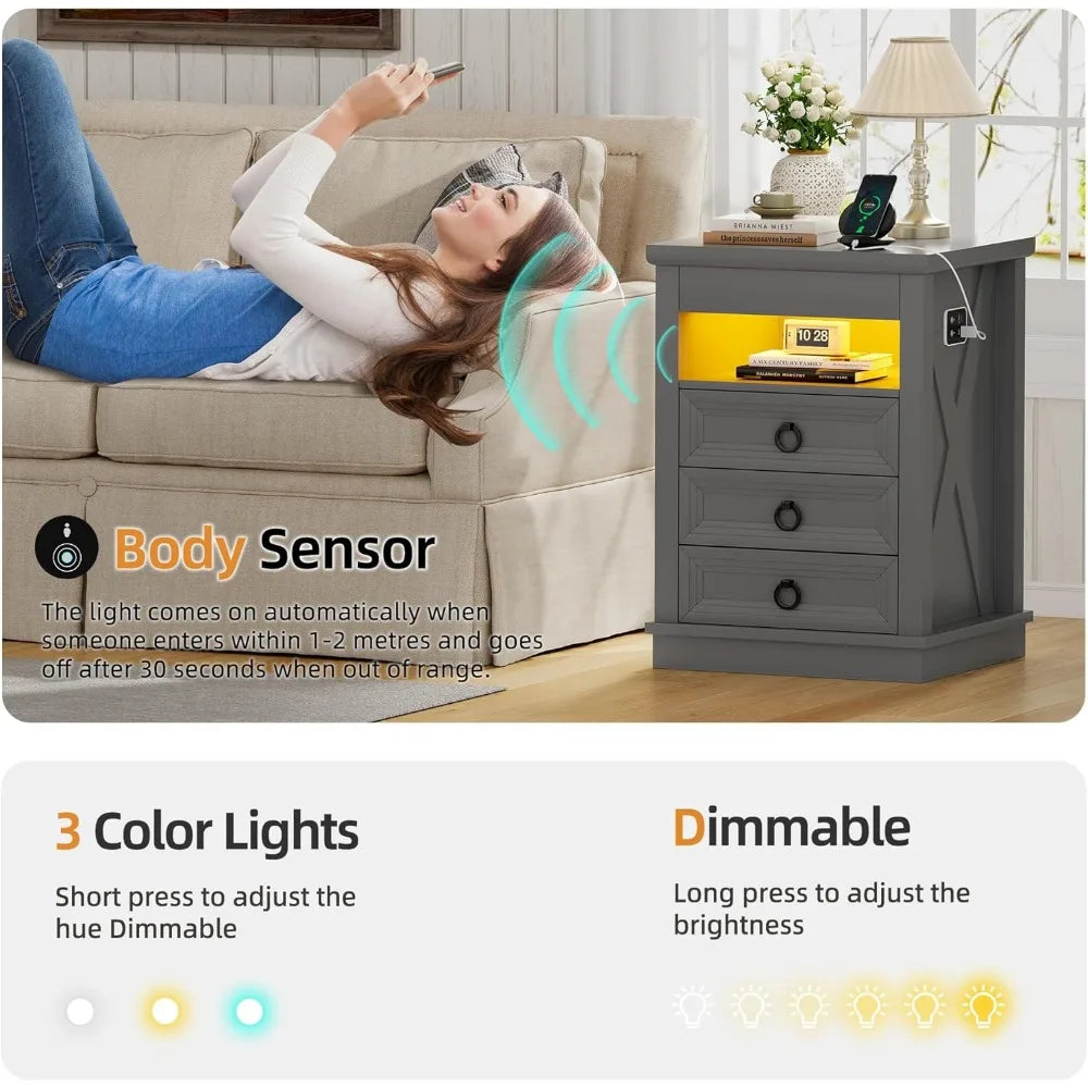 Lockable Gun Drawer Nightstand, 3-Color Dimmable LED End Table with Charging Port, Bedside Table with Human Sensor