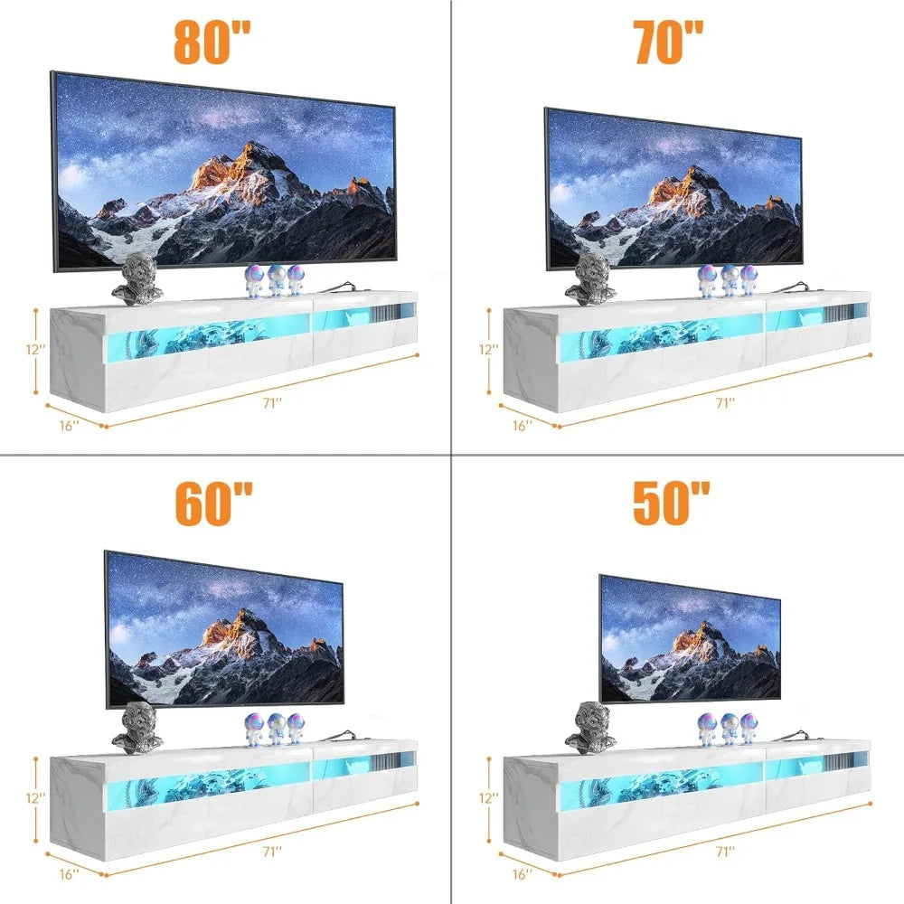 Floating Tv Stand With Led Lights, 71 Inch Wall Mounted Tv Shelf With Power Outlet, Modern Entertainment Center Media Console Wi