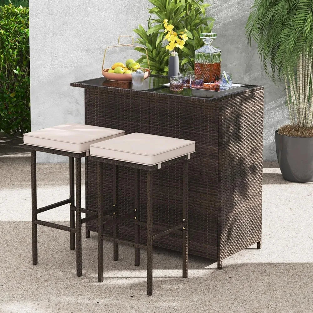 3 Piece Patio Bar Set, Outdoor Rattan Bar Table and 2 Stools with Tempered Glass Tabletop, 2-Tier Storage, Removable Cushions,